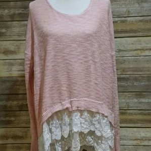 Romantic pale pink sweater with tiered floral lace